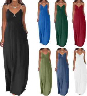 Binmer Summer Sun Dresses for Women 2024 Casual Boho Solid Color Ring Straps Zipper V Neck Beach Long Maxi Dress with Pockets