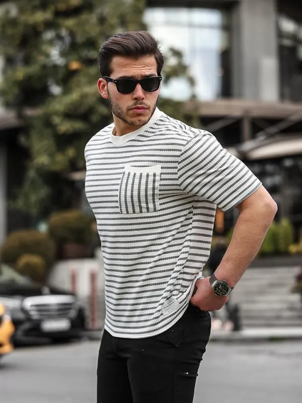 bisiklet yaka tek cepli çizgili t