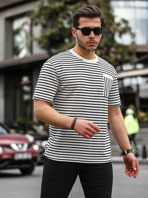 bisiklet yaka tek cepli çizgili t