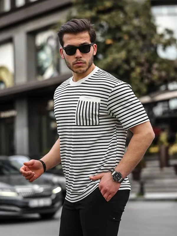 bisiklet yaka tek cepli çizgili t