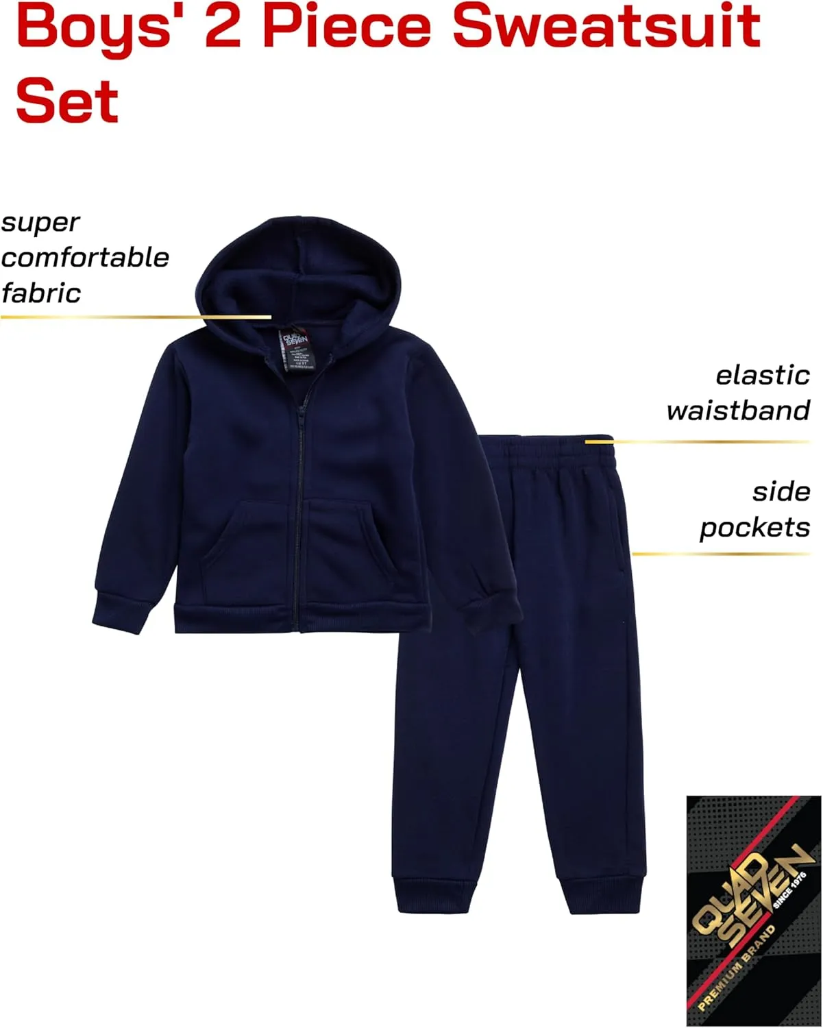 Boys' Active Sweatsuit - 2 Piece Fleece Zip Hoodie Sweatshirt and Sweatpants - Basic Solid Jogger Pants Set (2T-7)