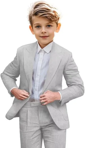 Boys Linen Suit 2 Piece Casual Suits for Toddler Boys Kids Summer Beach Wedding Linen Blazer Pants Set