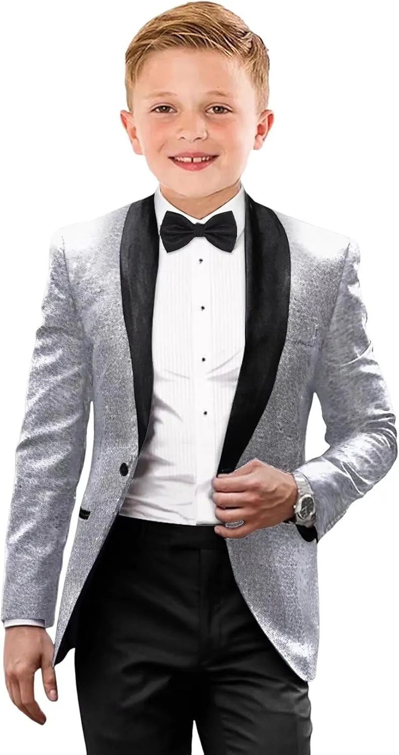 Boys Tuxedo Shiny Sequins Suit for Kids Slim Fit 2 Piece Formal Prom Dress Clothes Blazer Pants Bowtie