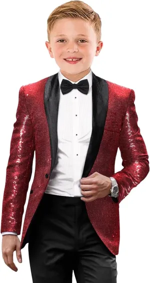 Boys Tuxedo Shiny Sequins Suit for Kids Slim Fit 2 Piece Formal Prom Dress Clothes Blazer Pants Bowtie