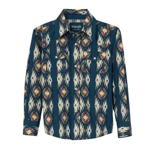 Boy's Wrangler Checotah Western Shirt ~ Blue Aztec