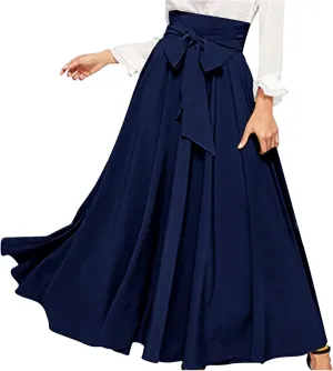 BTDECLAR Women's Elegant Flowy Long Skirts Trendy High Waisted Tie Front Pleated Swing Formal A Line Maxi Skirt Ankle Length