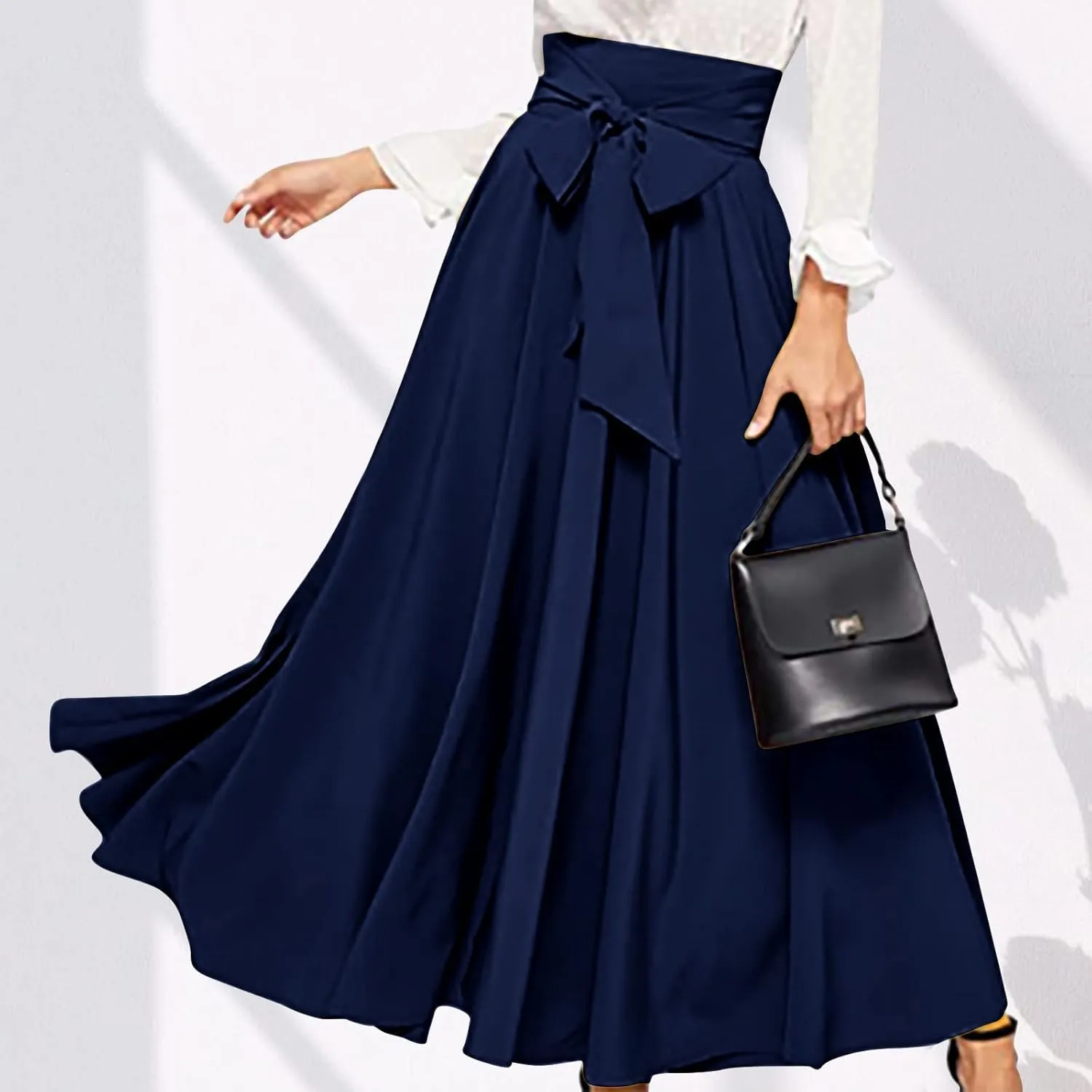 BTDECLAR Women's Elegant Flowy Long Skirts Trendy High Waisted Tie Front Pleated Swing Formal A Line Maxi Skirt Ankle Length