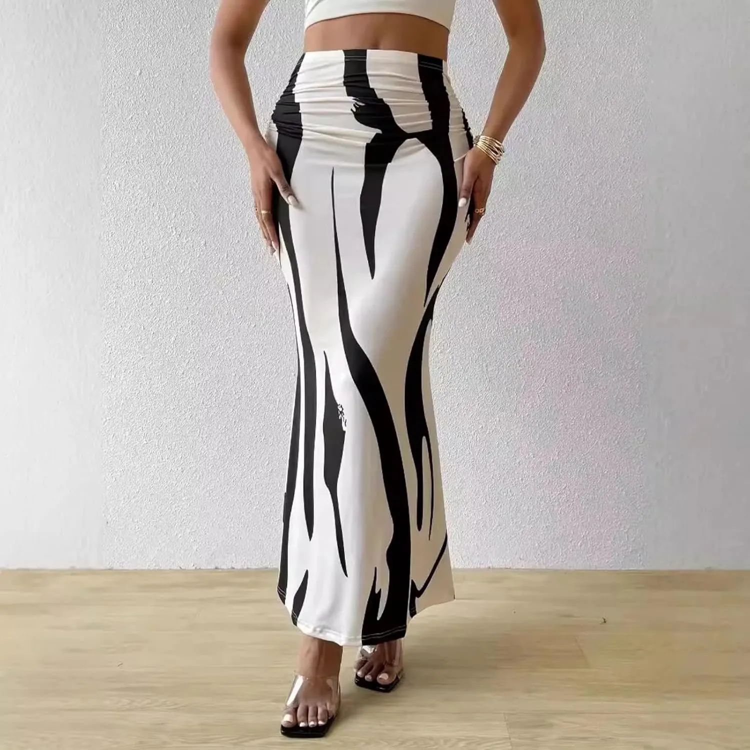 Casual Graphic Stripe Pleated Long Skirts Women Autumn Elastic High Waist Geometry Midi Skirt Streetwear