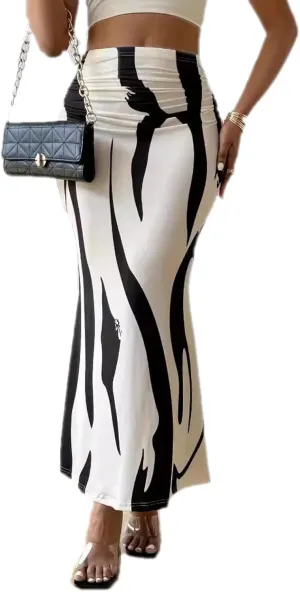 Casual Graphic Stripe Pleated Long Skirts Women Autumn Elastic High Waist Geometry Midi Skirt Streetwear