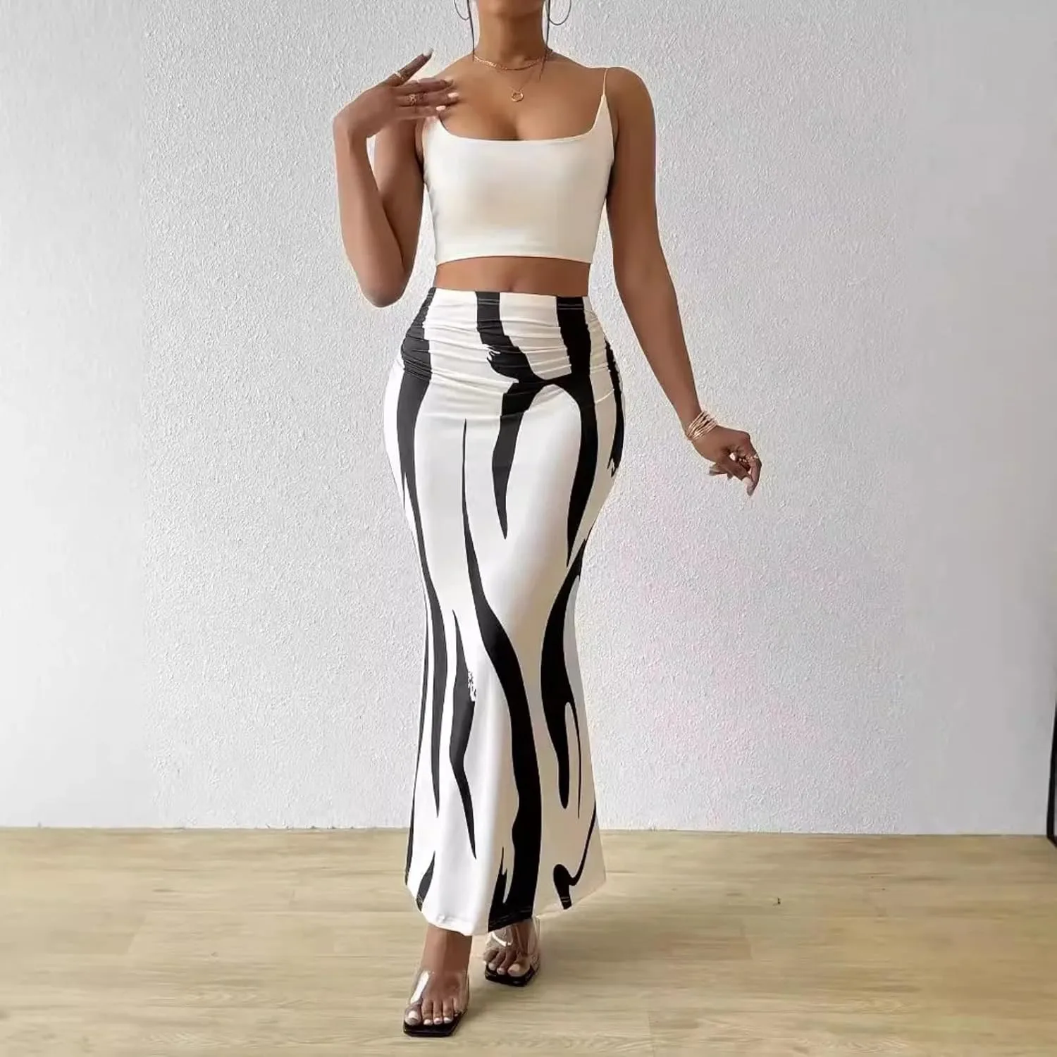 Casual Graphic Stripe Pleated Long Skirts Women Autumn Elastic High Waist Geometry Midi Skirt Streetwear