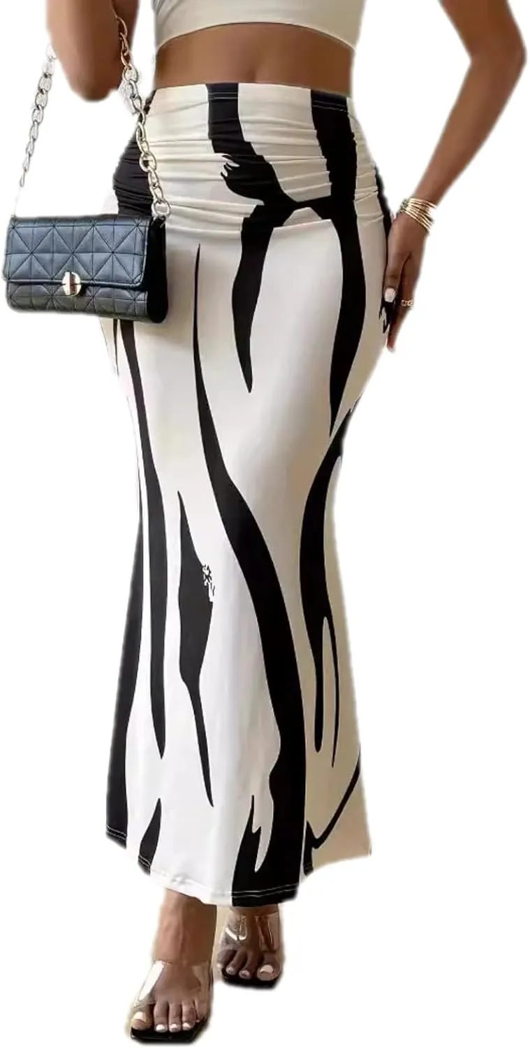 Casual Graphic Stripe Pleated Long Skirts Women Autumn Elastic High Waist Geometry Midi Skirt Streetwear