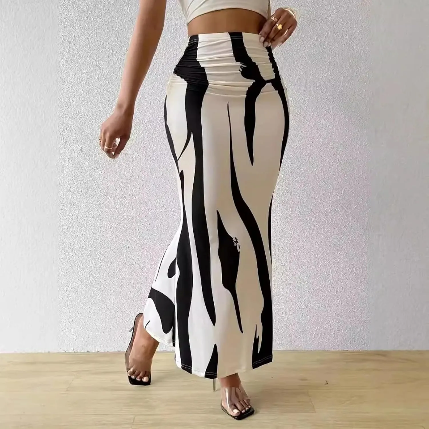 Casual Graphic Stripe Pleated Long Skirts Women Autumn Elastic High Waist Geometry Midi Skirt Streetwear