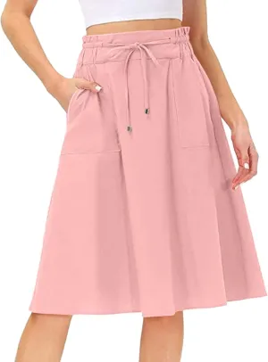 Casual Skirts for Women High Waisted A-Line Midi Length Bohemian Skirt Side Pockets Adjustable Belt Tiered Ruffles