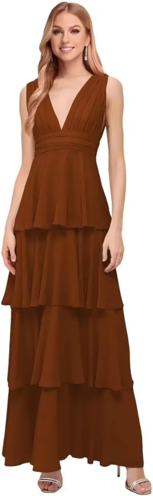 Chiffon Bridesmaid Dresses V Neck Ruched Prom Dress Long Sleeveless Wedding Ruffle Tiered Formal Dresses for Women