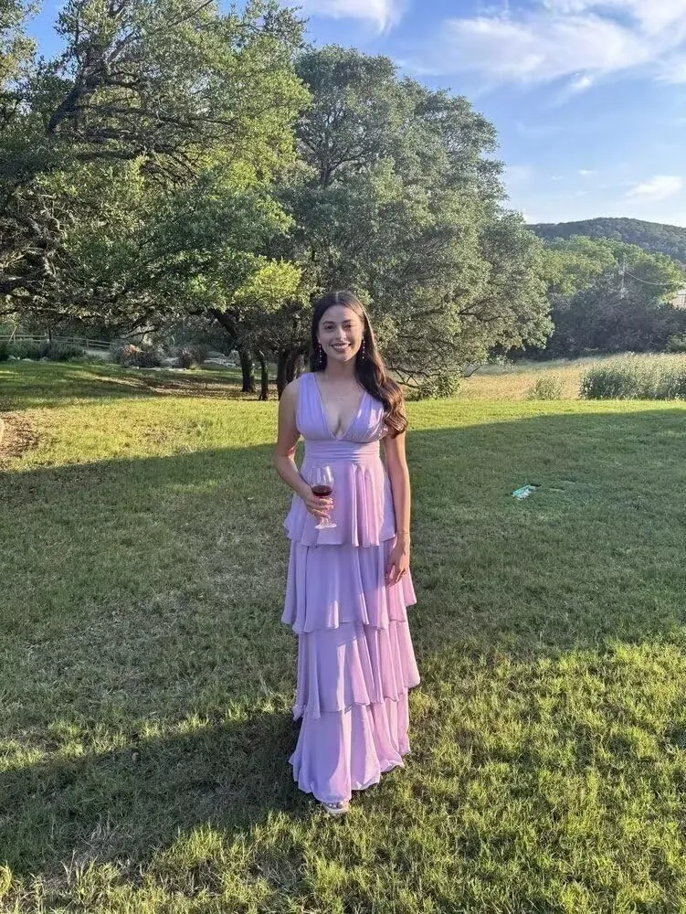 Chiffon Bridesmaid Dresses V Neck Ruched Prom Dress Long Sleeveless Wedding Ruffle Tiered Formal Dresses for Women