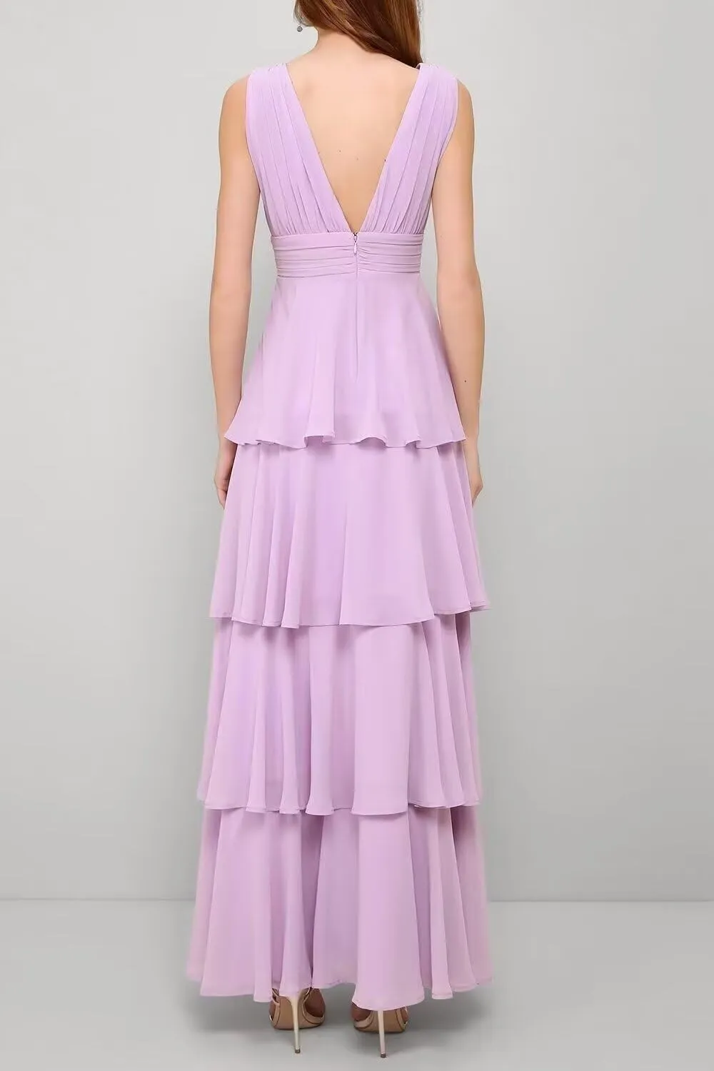 Chiffon Bridesmaid Dresses V Neck Ruched Prom Dress Long Sleeveless Wedding Ruffle Tiered Formal Dresses for Women