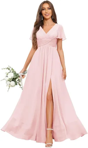 Chiffon Bridesmaid Dresses with Slit Short Sleeves V Neck Long Formal Evening Gowns with Pockets