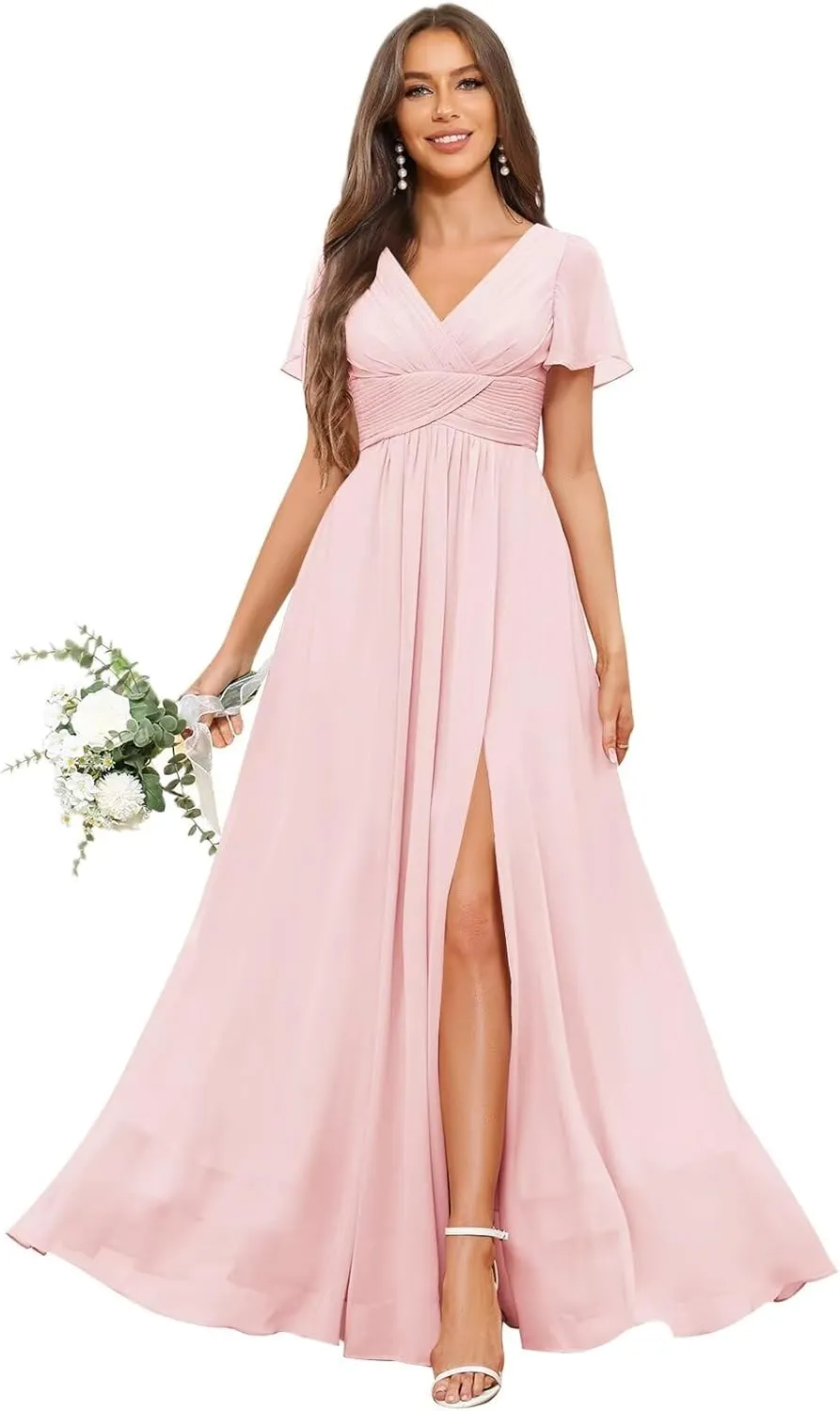 Chiffon Bridesmaid Dresses with Slit Short Sleeves V Neck Long Formal Evening Gowns with Pockets