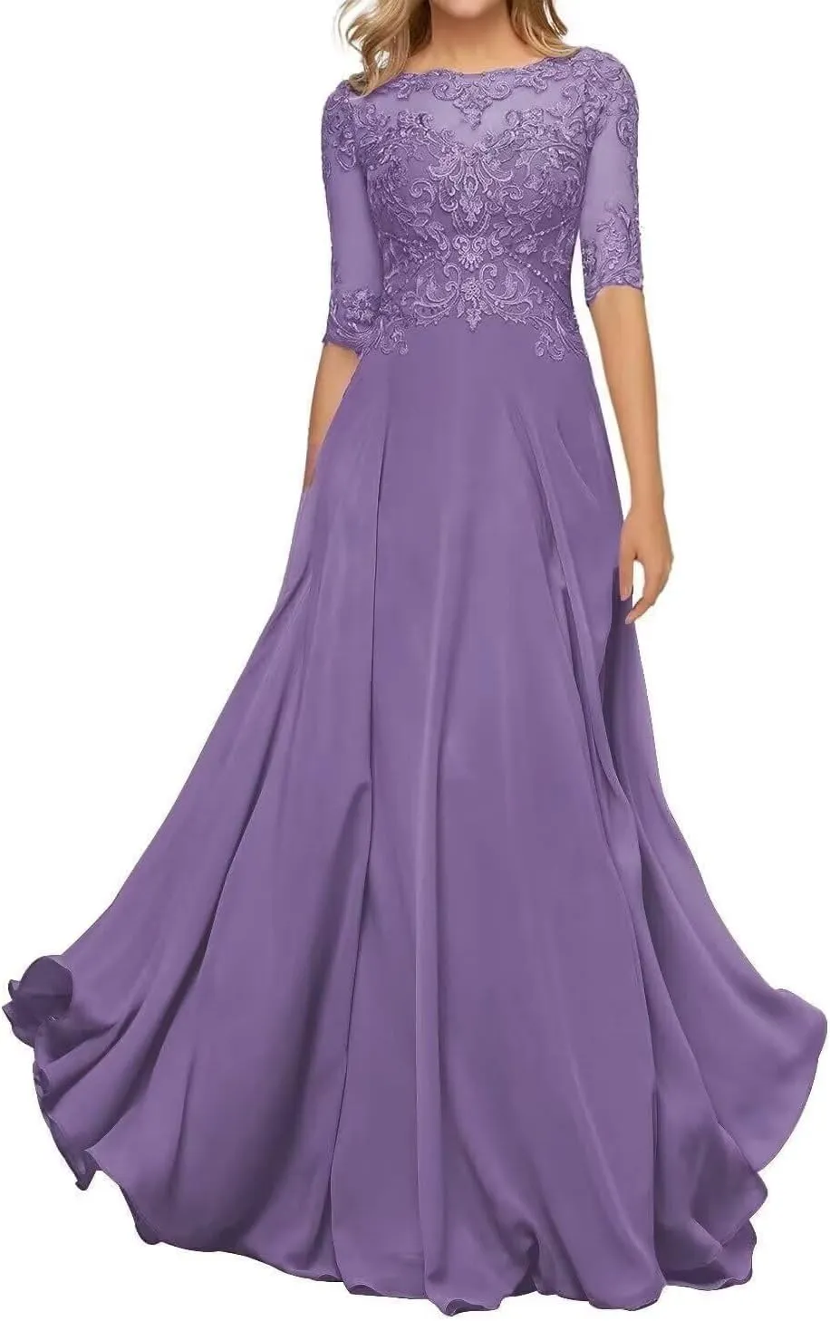 Chiffon Mother of The Bride Dresses for Wedding Lace Appliques Long Half Sleeve Formal Gown PM04