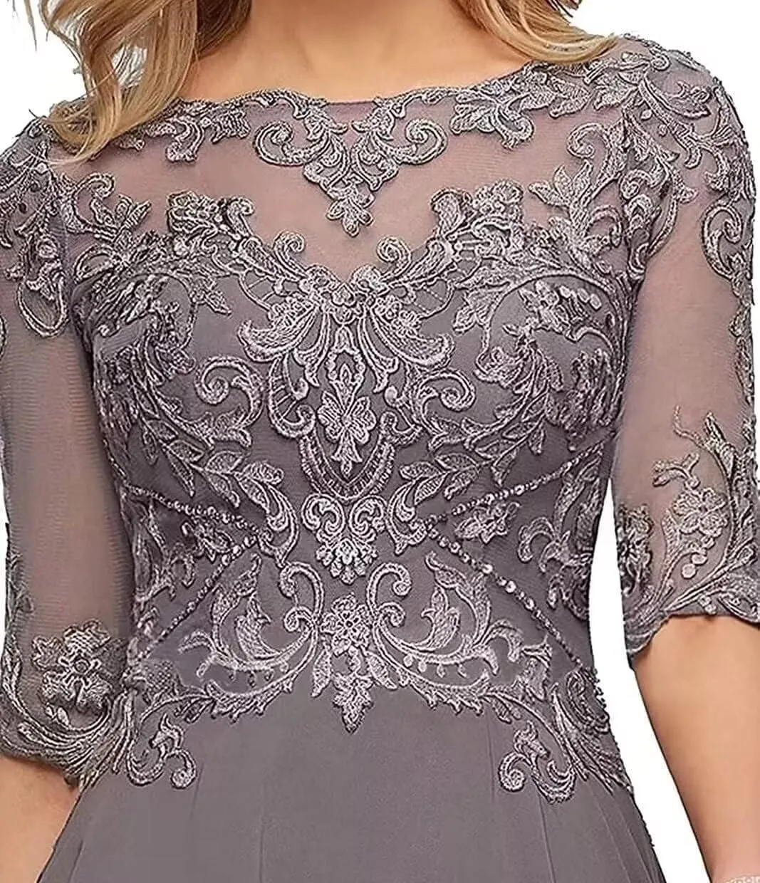 Chiffon Mother of The Bride Dresses for Wedding Lace Appliques Long Half Sleeve Formal Gown PM04