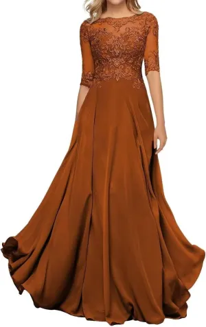 Chiffon Mother of The Bride Dresses for Wedding Lace Appliques Long Half Sleeve Formal Gown PM04