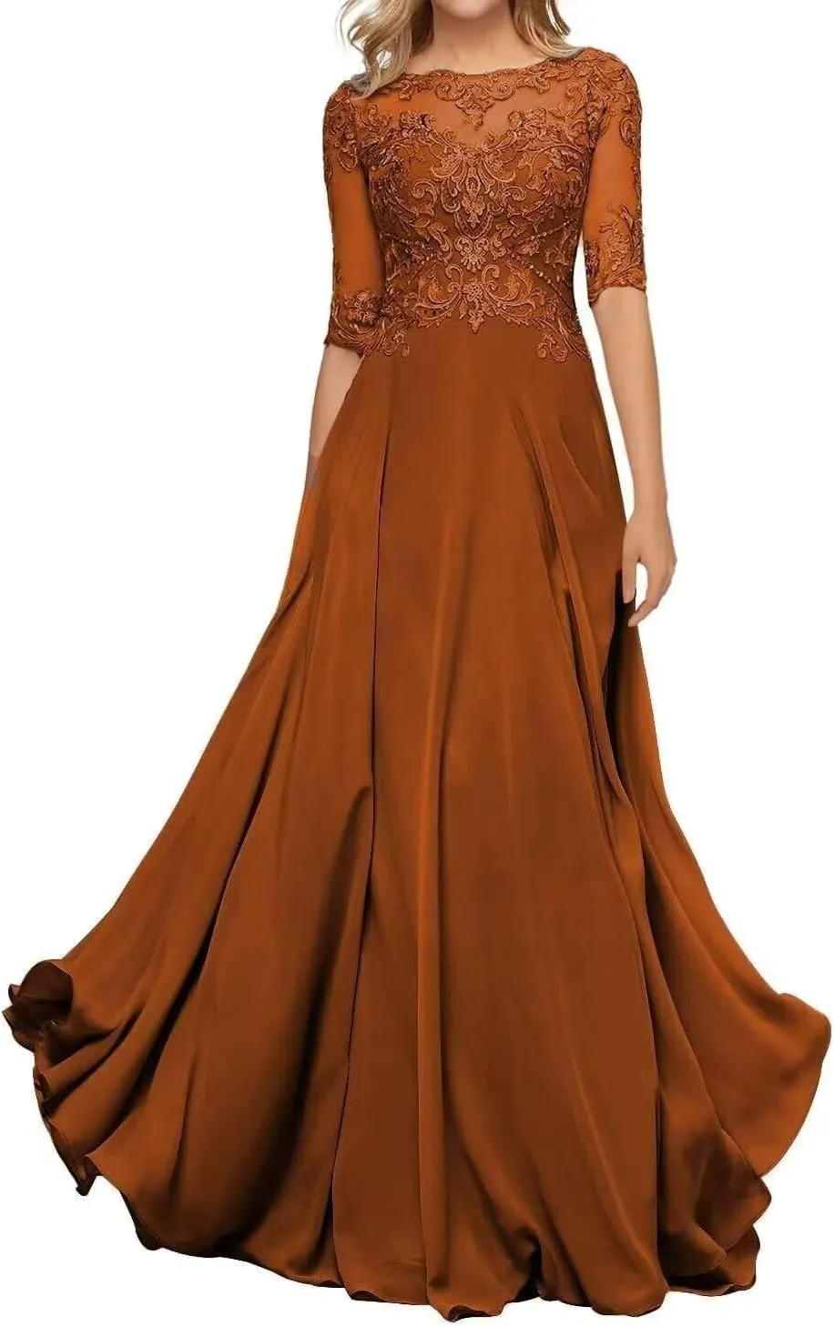 Chiffon Mother of The Bride Dresses for Wedding Lace Appliques Long Half Sleeve Formal Gown PM04