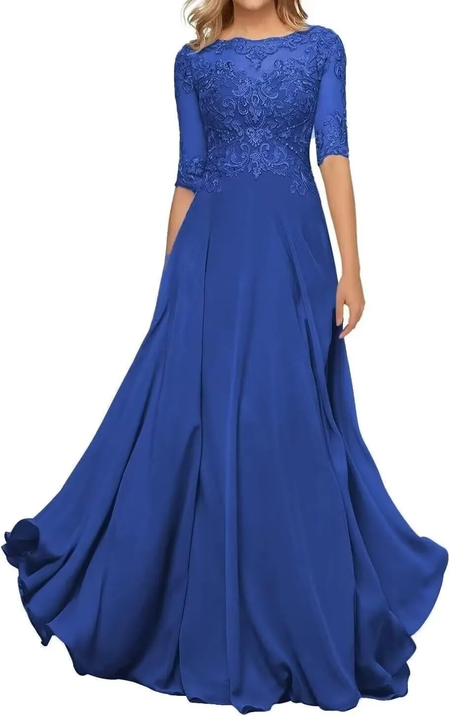 Chiffon Mother of The Bride Dresses for Wedding Lace Appliques Long Half Sleeve Formal Gown PM04