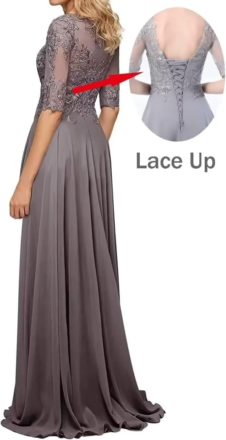 Chiffon Mother of The Bride Dresses for Wedding Lace Appliques Long Half Sleeve Formal Gown PM04
