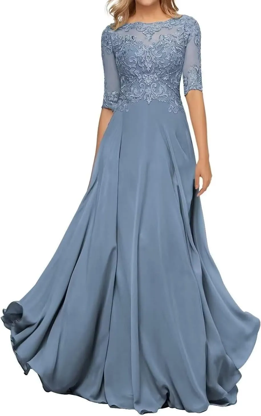 Chiffon Mother of The Bride Dresses for Wedding Lace Appliques Long Half Sleeve Formal Gown PM04