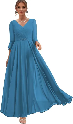 Chiffon Mother of The Bride Dresses with Sleeves Corset Formal Dress for Wedding Guest
