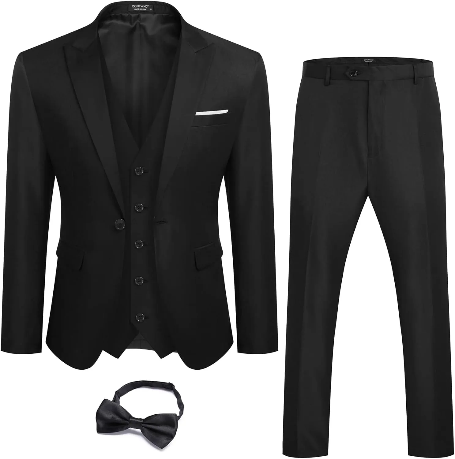 COOFANDY Men 3 Piece Suit Slim Fit Tuxedo One Button Prom Suits Blazer Jacket Vest Pants with Tie
