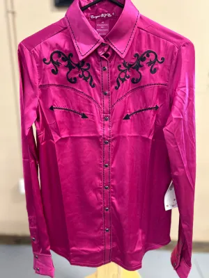 Cowgirl Tuff Pullover Button Up in Pink Satin