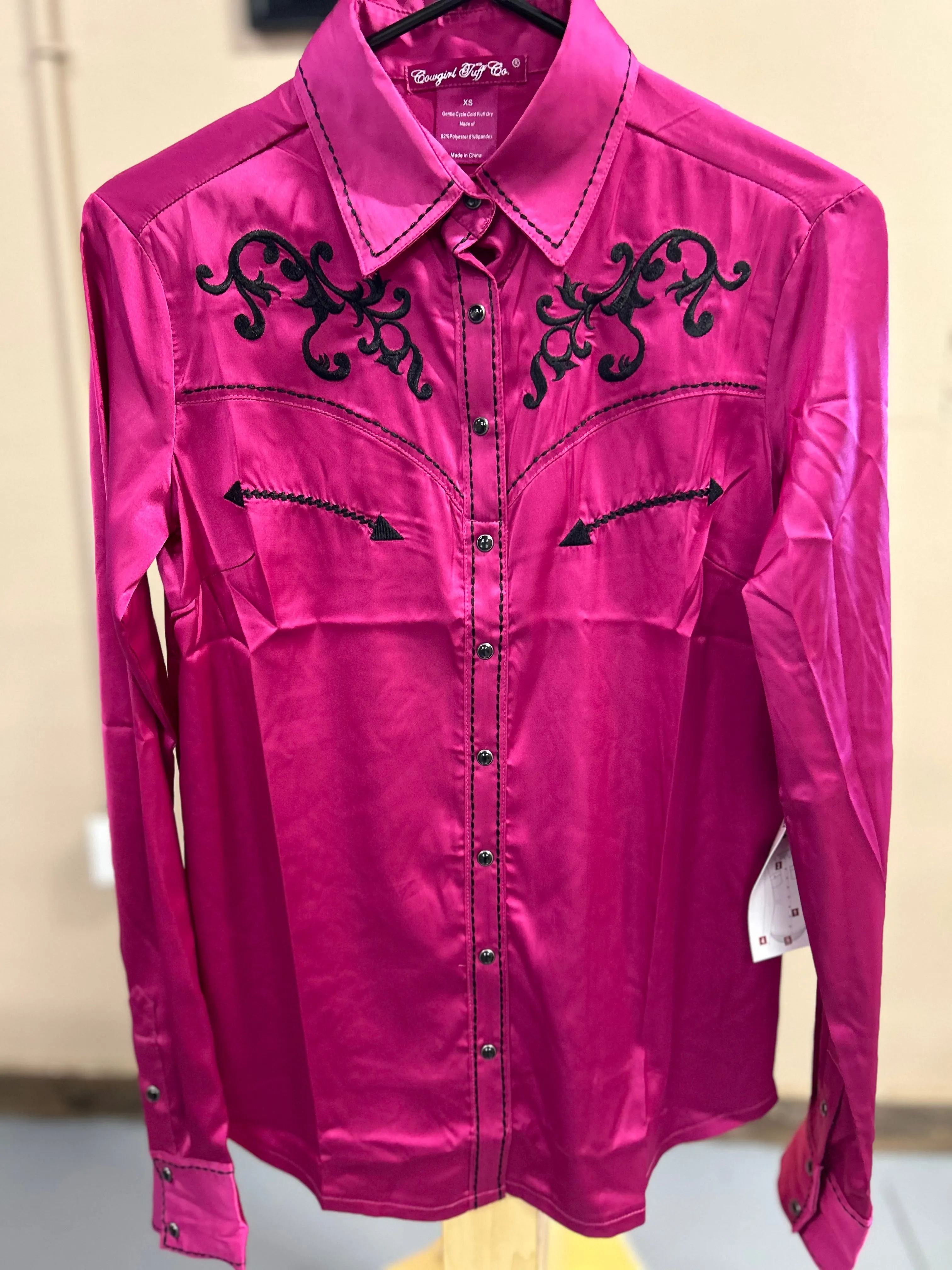 Cowgirl Tuff Pullover Button Up in Pink Satin