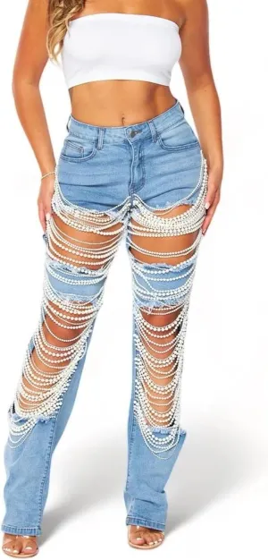 Cut Out Jeans for Women Straight Leg Mid Waisted Ripped Rhinestone Pearl Beaded Denim Pants YMT323 Blue XL