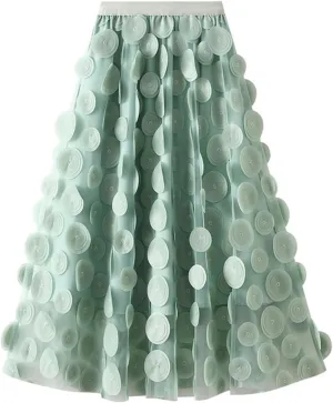 Cute 3D Polka Dots Midi Skirt for Women Elastic Waist Flowy Tulle A-Line Skirts Wedding Halloween Party Mesh Skirt