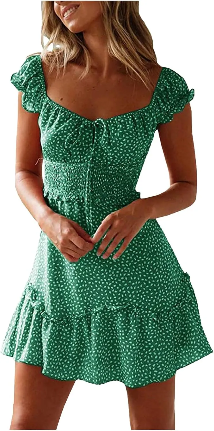 Cute Dresses for Women Ruffle Sleeve Sweetheart Neckline Printing Dress Elastic High Waist A-line Mini Sundress