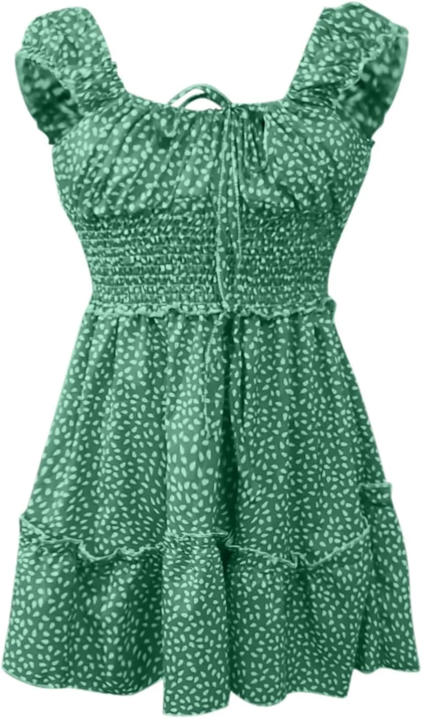 Cute Dresses for Women Ruffle Sleeve Sweetheart Neckline Printing Dress Elastic High Waist A-line Mini Sundress