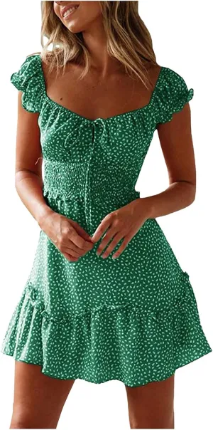 Cute Dresses for Women Ruffle Sleeve Sweetheart Neckline Printing Dress Elastic High Waist A-line Mini Sundress