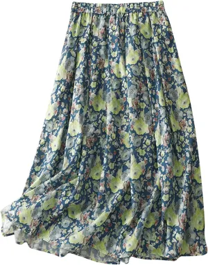 Cute Rose Floral A-Line Skirt for Women Summer Flowy Pleated Midi Skirts Elastic High Waisted Casual Beach Skirt