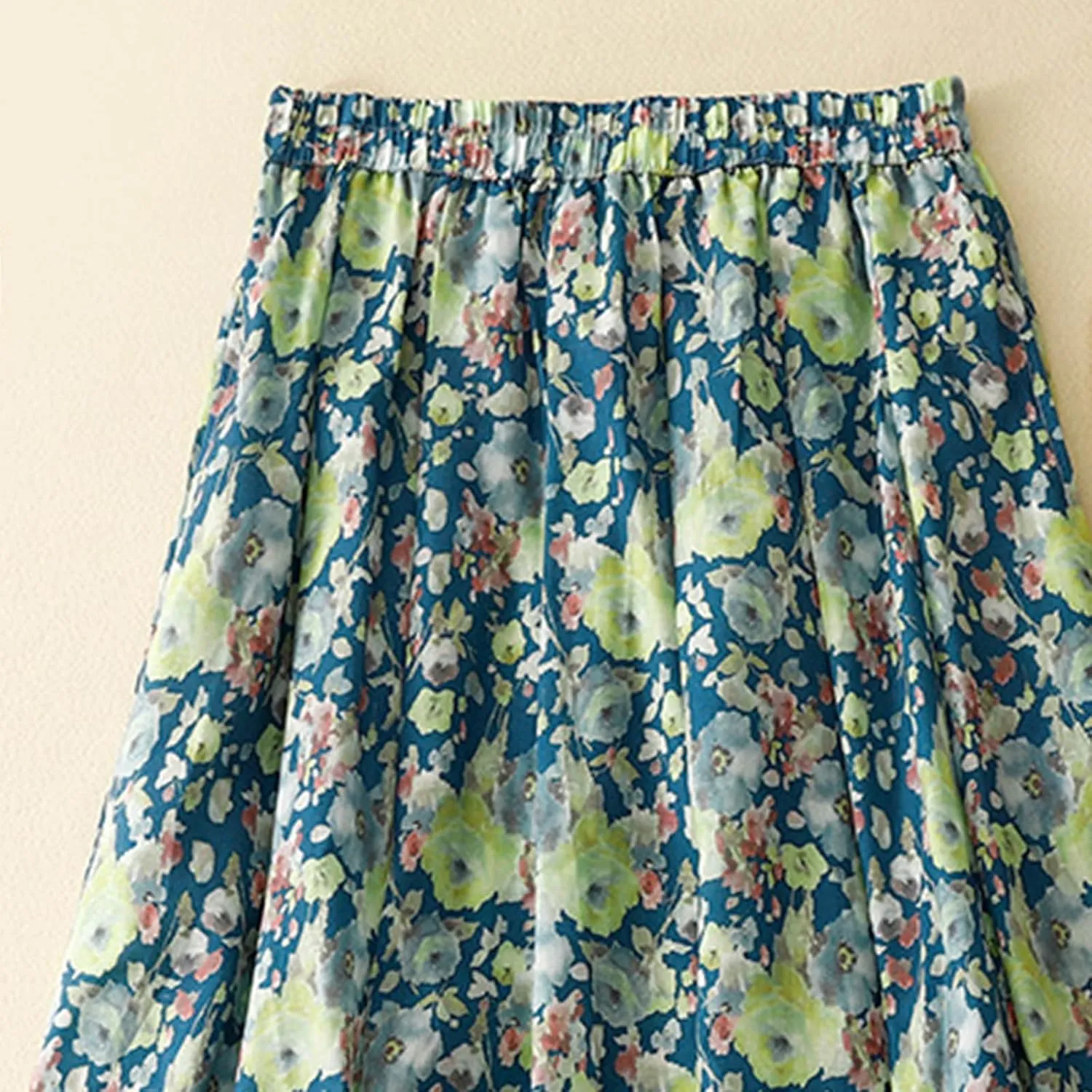 Cute Rose Floral A-Line Skirt for Women Summer Flowy Pleated Midi Skirts Elastic High Waisted Casual Beach Skirt