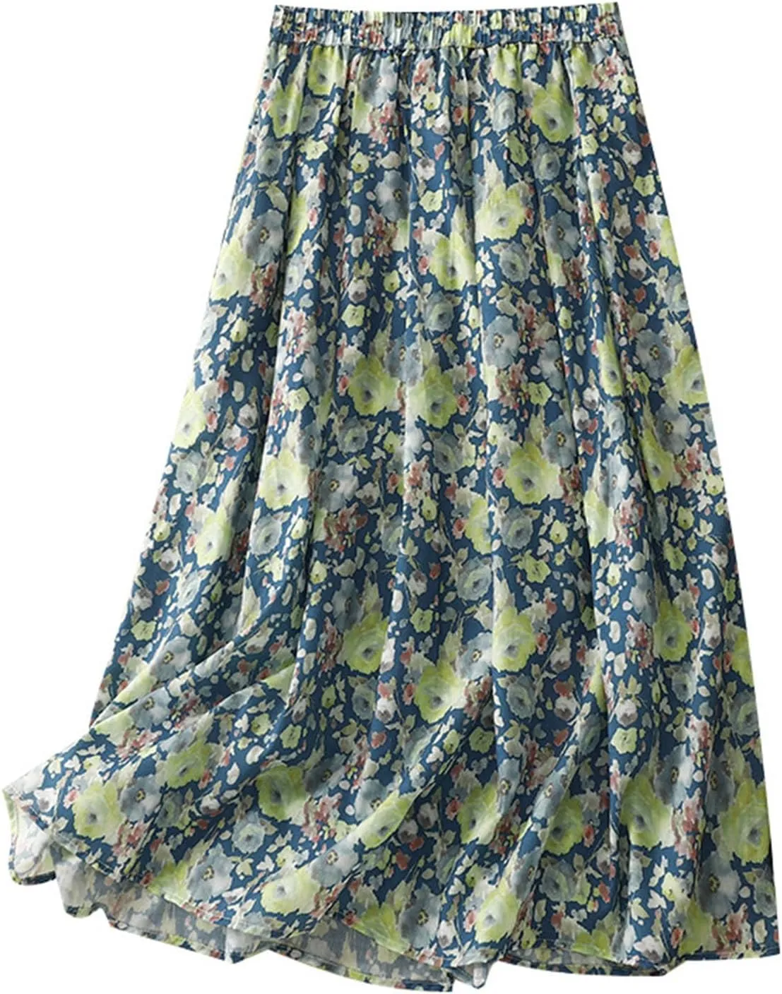 Cute Rose Floral A-Line Skirt for Women Summer Flowy Pleated Midi Skirts Elastic High Waisted Casual Beach Skirt