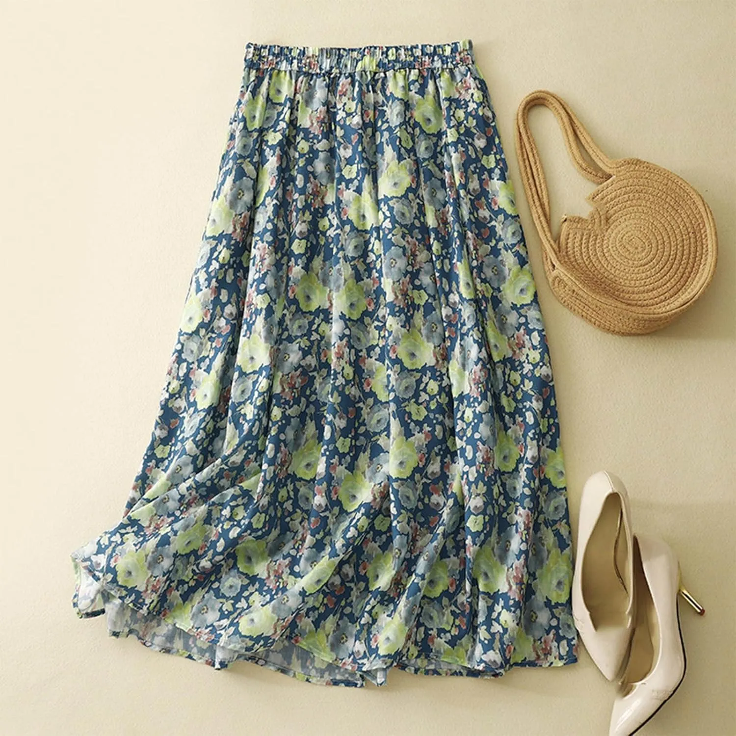Cute Rose Floral A-Line Skirt for Women Summer Flowy Pleated Midi Skirts Elastic High Waisted Casual Beach Skirt