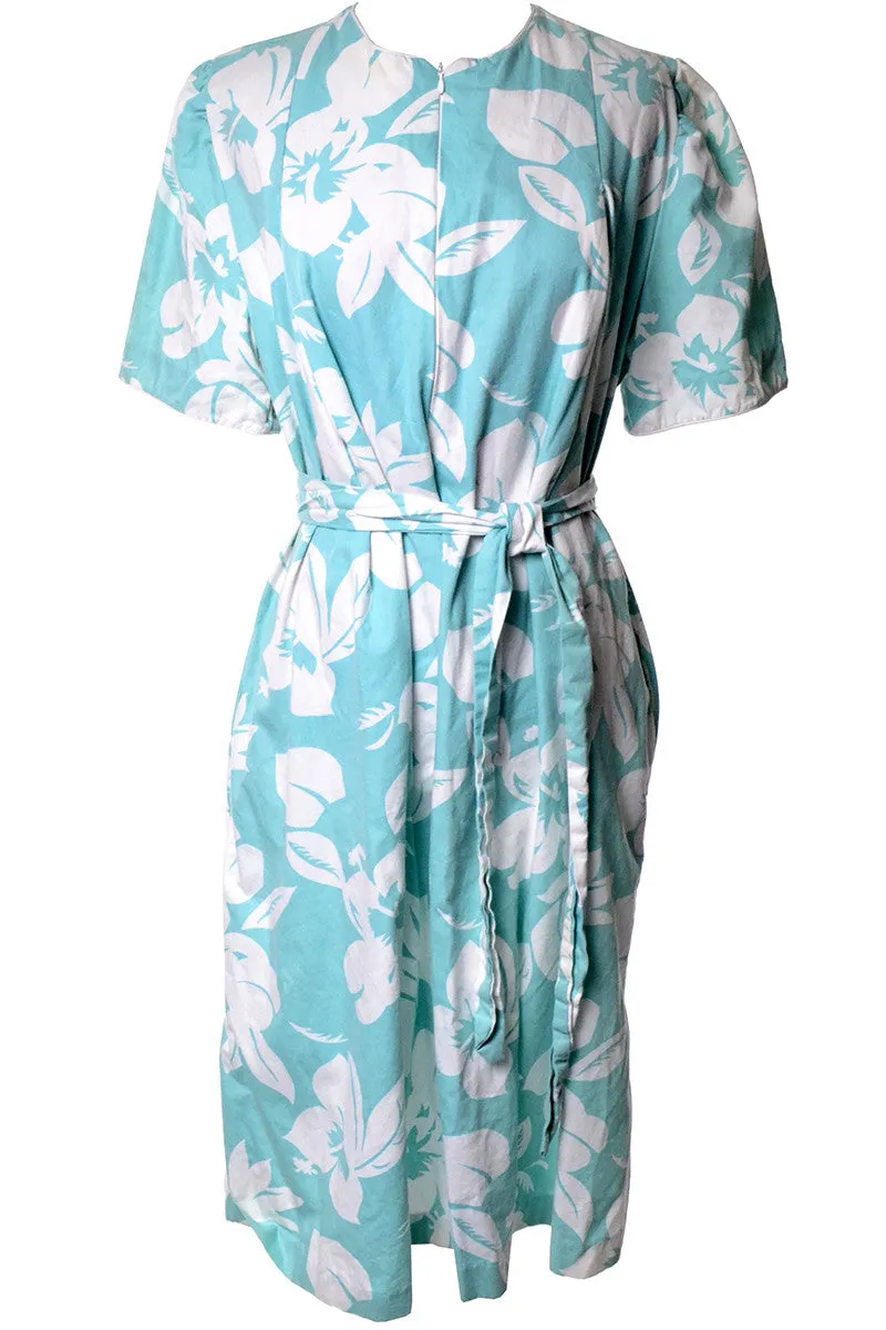 David Brown 1970's House Dress with Tropical Light Teal and White Hibiscus Print and Belt Medium