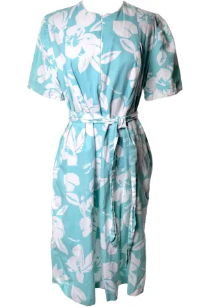 David Brown 1970's House Dress with Tropical Light Teal and White Hibiscus Print and Belt Medium