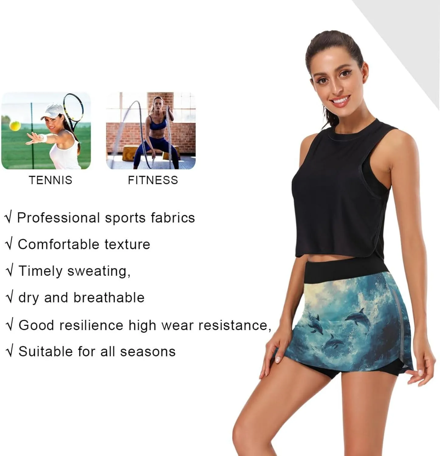 Dolphins Tennis Skirts for Women - High Waisted Athletic Golf Skorts Built-in Shorts with Pockets