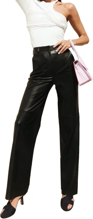 ECDAHICC Women's Faux Leather Pants High Waist Straight Wide Leg PU Legging Casual Solid Color Trousers with Pockets