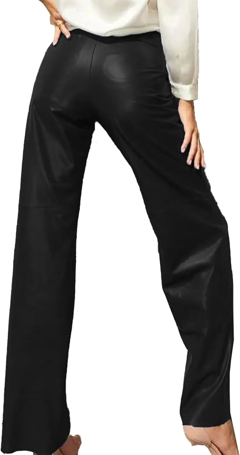ECDAHICC Women's Faux Leather Pants High Waist Straight Wide Leg PU Legging Casual Solid Color Trousers with Pockets