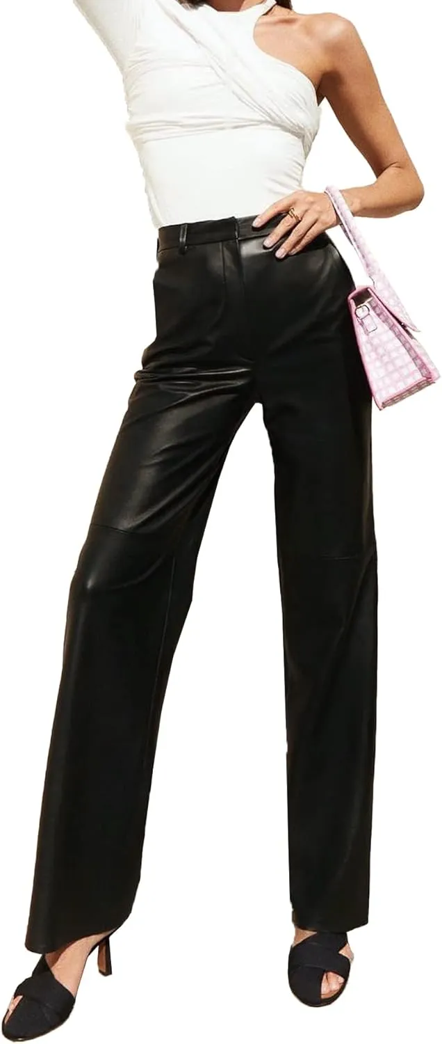 ECDAHICC Women's Faux Leather Pants High Waist Straight Wide Leg PU Legging Casual Solid Color Trousers with Pockets