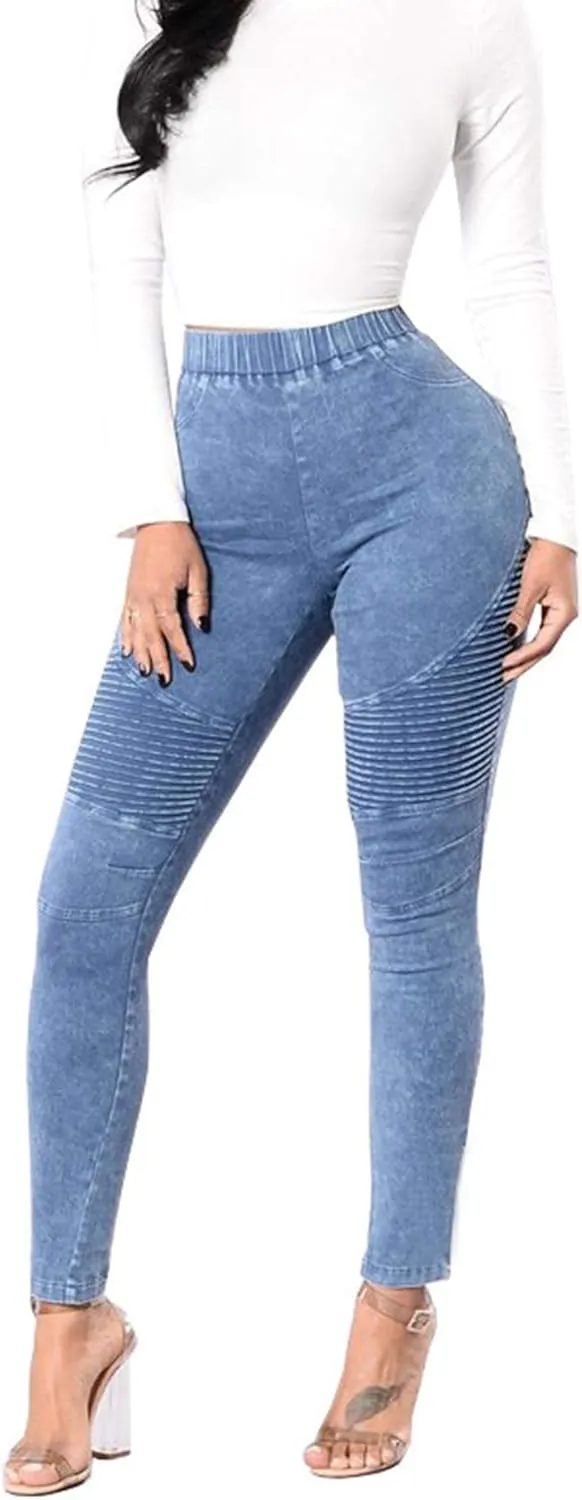 ECDAHICC Womens High Elastic Waist Demin Pants Pull On Skinny Ruched Legging Jeans Butt Lifting Slim Pencil Trousers