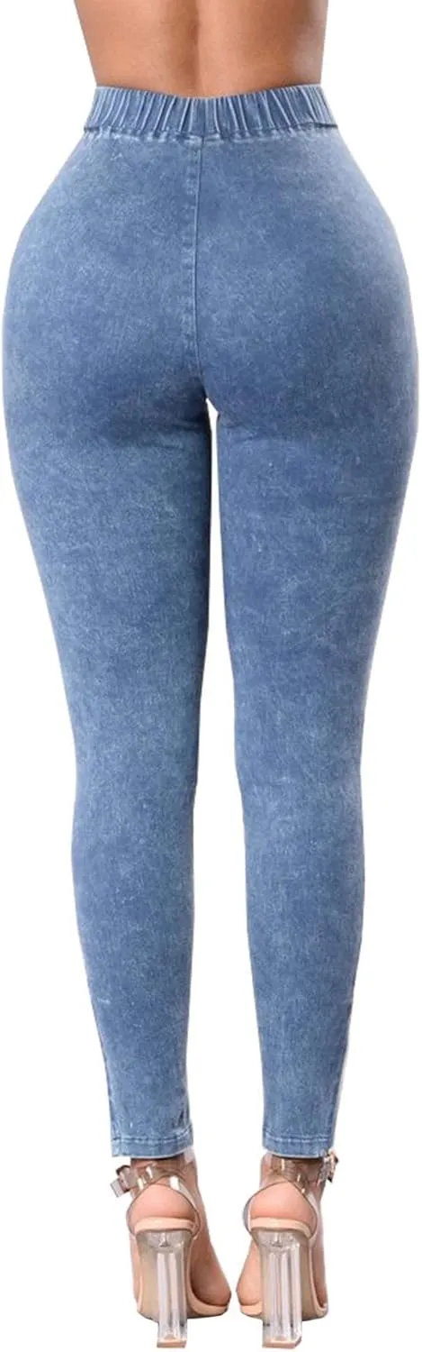 ECDAHICC Womens High Elastic Waist Demin Pants Pull On Skinny Ruched Legging Jeans Butt Lifting Slim Pencil Trousers